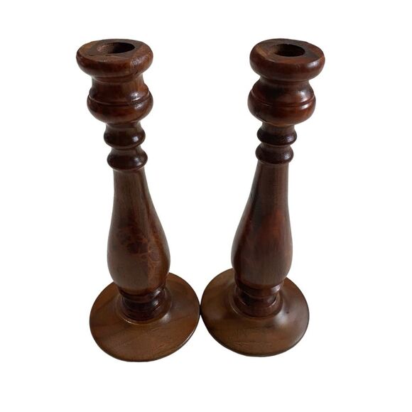 Vintage Set of Two Wood Wooden Turned Candlesticks - Picture 2 of 9